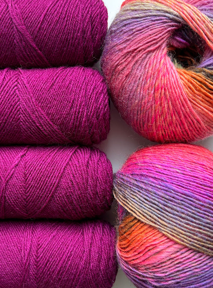 Jawoll 0266 og Mille Colori Baby 0217 i rødelige, lilla og gulgrønne  nuancer